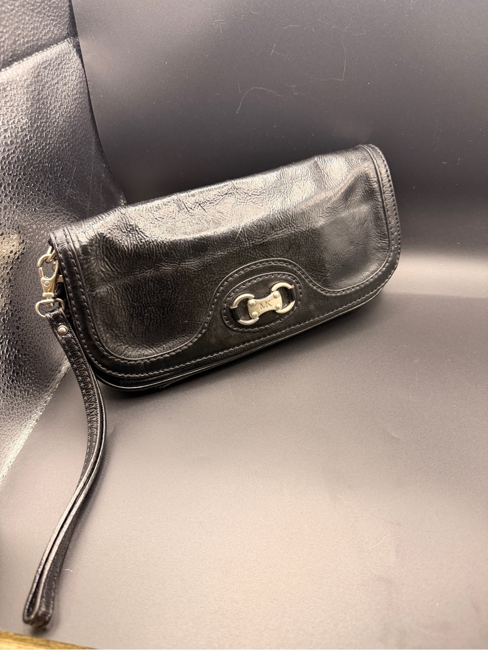 Michael Kors Black Leather Wristlet Clutch /silver-tone hardware and signature M